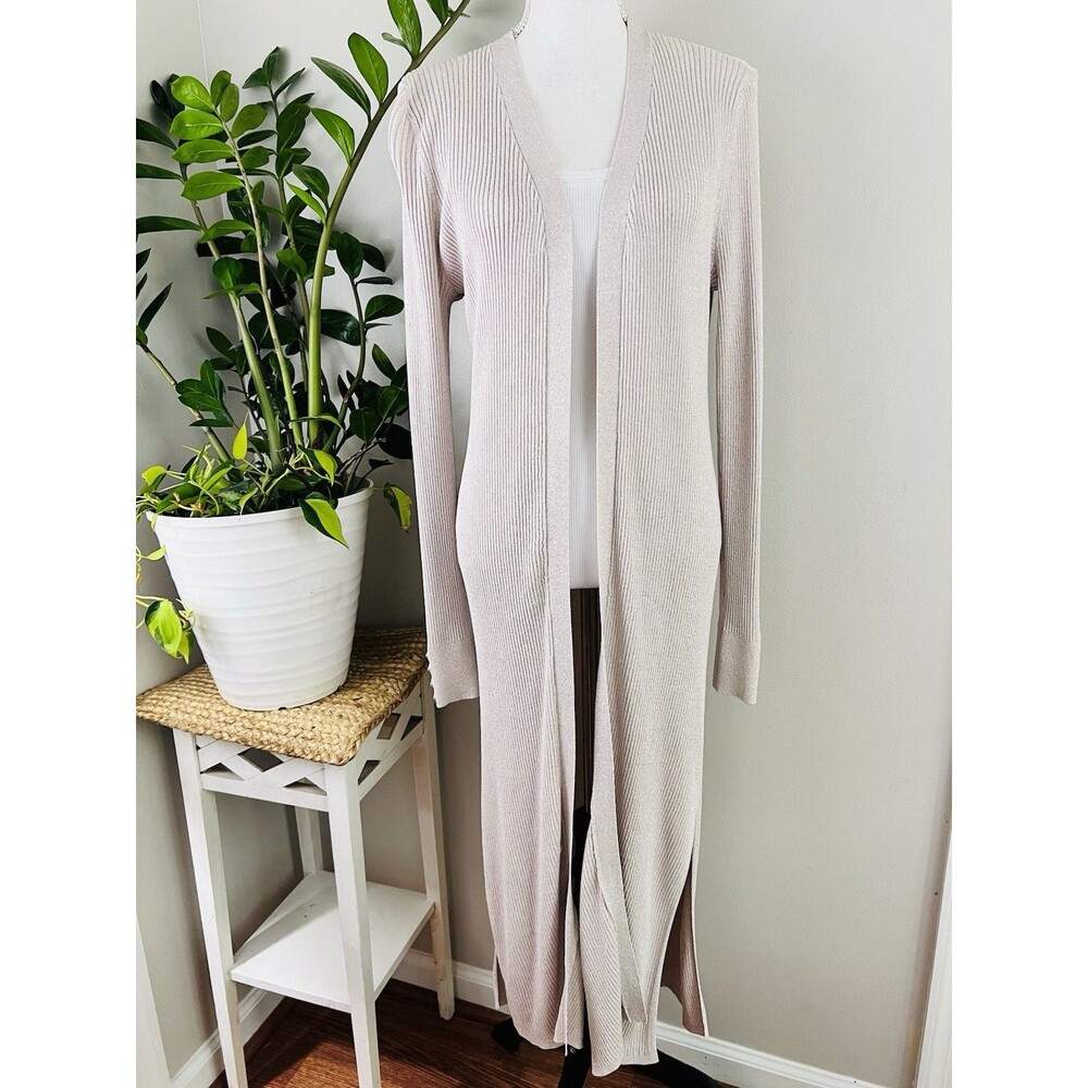 White House Black Market Cream Ribbed Duster Cardigan Open Front Long Sweater L
